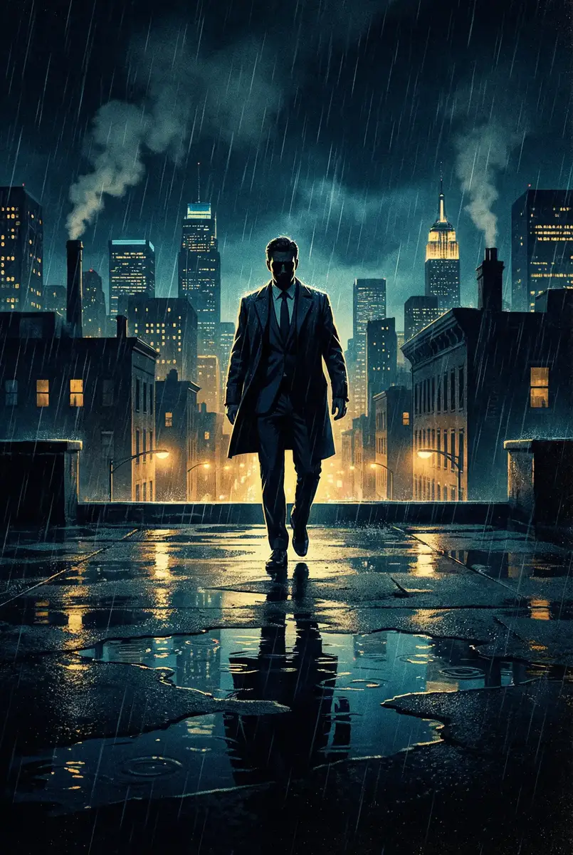 光遇青色光芒在哪 出品影片《雨夜独行者》海报，雨中城市屋顶男性剪影